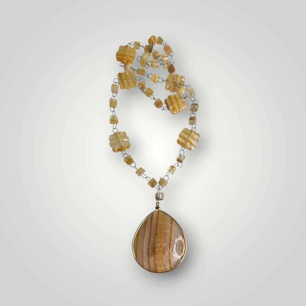 Vintage Mexico Mayan Aztec Sun God Carved Onyx Marble Pendant Necklace 26”